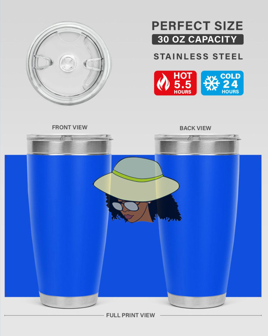 Black Afro 45# Tumbler showcasing a stylish design, made of stainless steel with a drink-thru lid, perfect for hot and cold beverages.