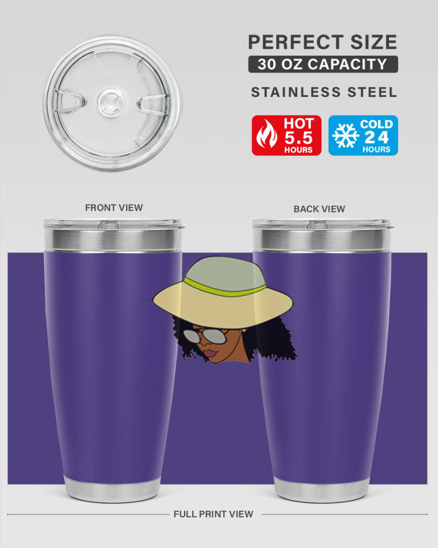 Black Afro 45# Tumbler showcasing a stylish design, made of stainless steel with a drink-thru lid, perfect for hot and cold beverages.