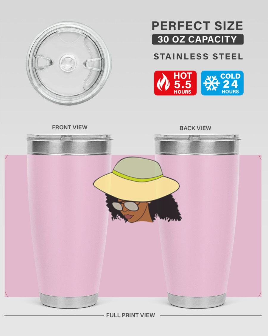 Black Afro 45# Tumbler showcasing a stylish design, made of stainless steel with a drink-thru lid, perfect for hot and cold beverages.