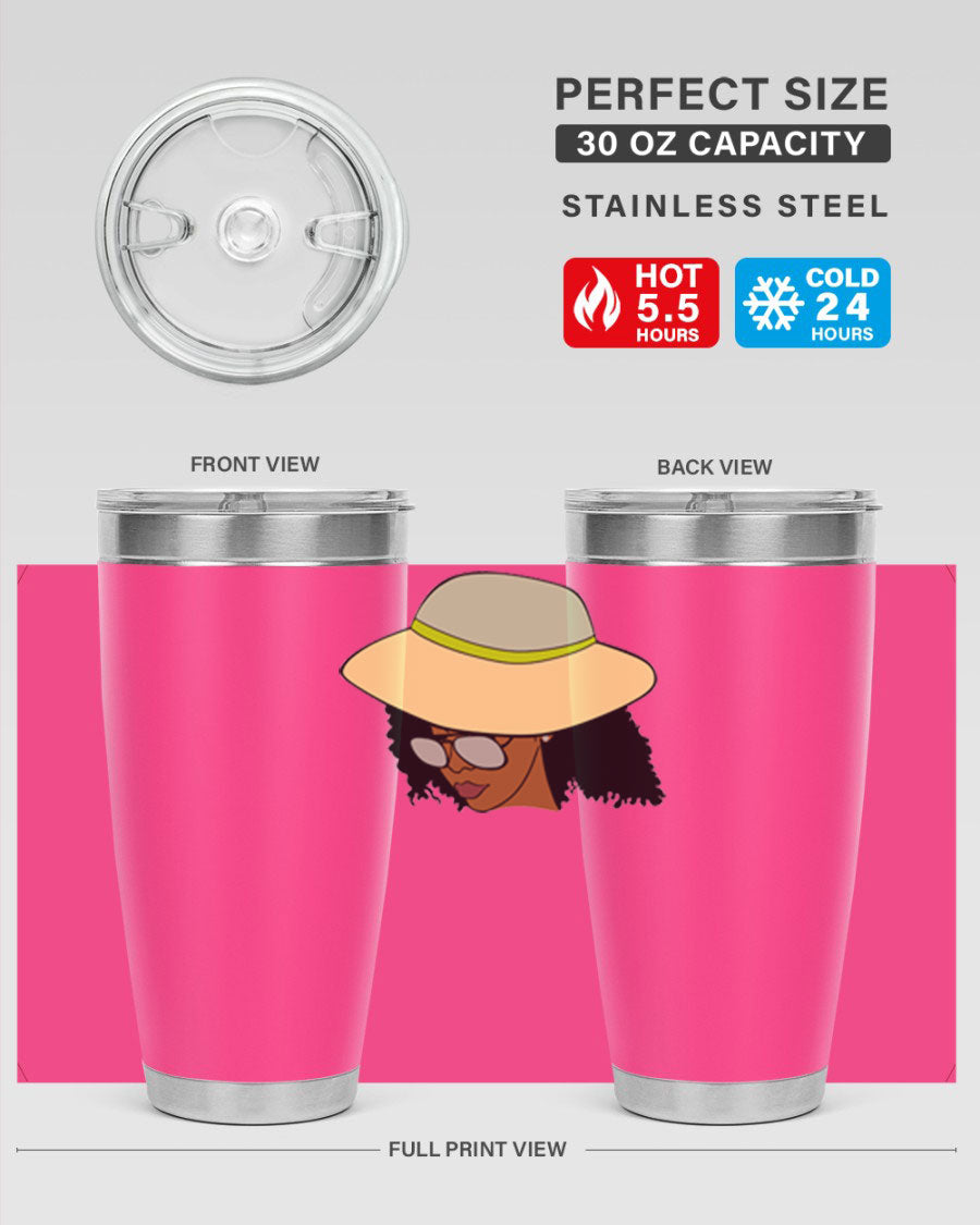 Black Afro 45# Tumbler showcasing a stylish design, made of stainless steel with a drink-thru lid, perfect for hot and cold beverages.