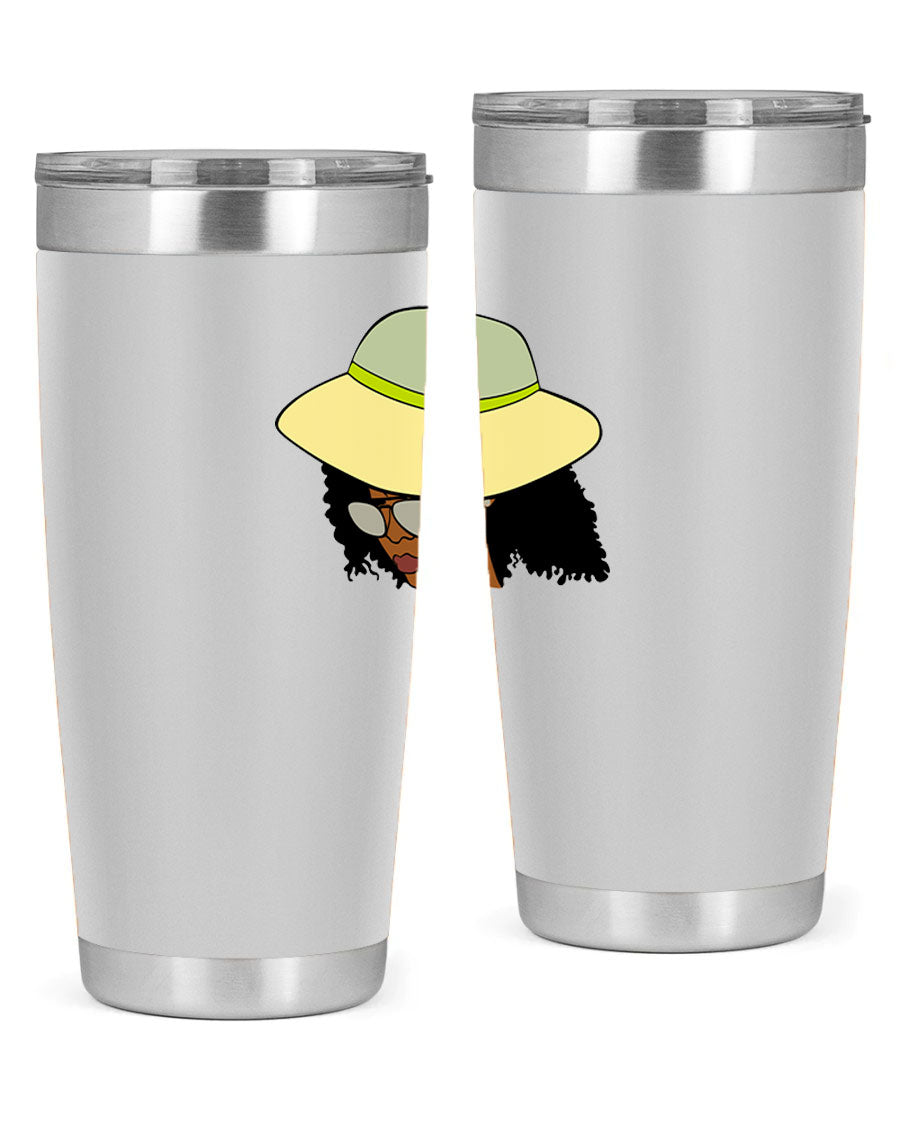 Black Afro 45# Tumbler showcasing a stylish design, made of stainless steel with a drink-thru lid, perfect for hot and cold beverages.