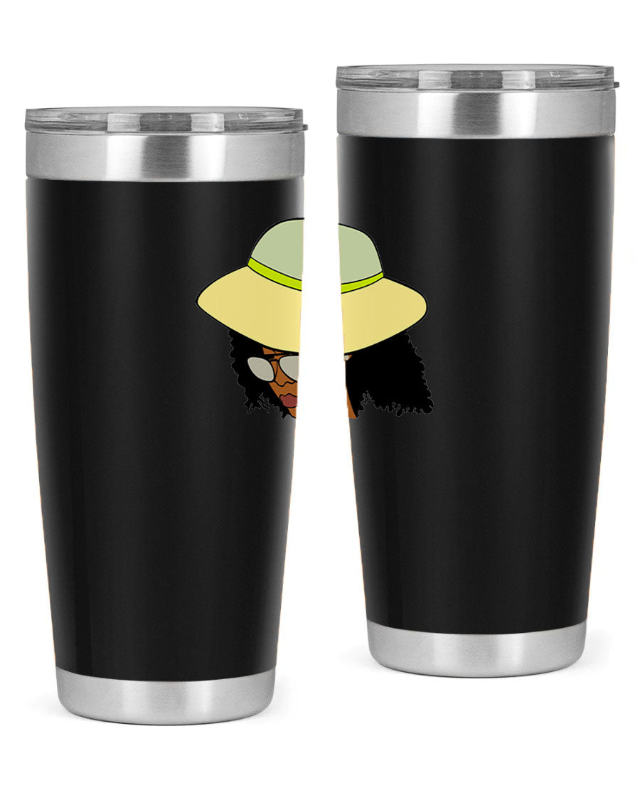 Black Afro 45# Tumbler showcasing a stylish design, made of stainless steel with a drink-thru lid, perfect for hot and cold beverages.