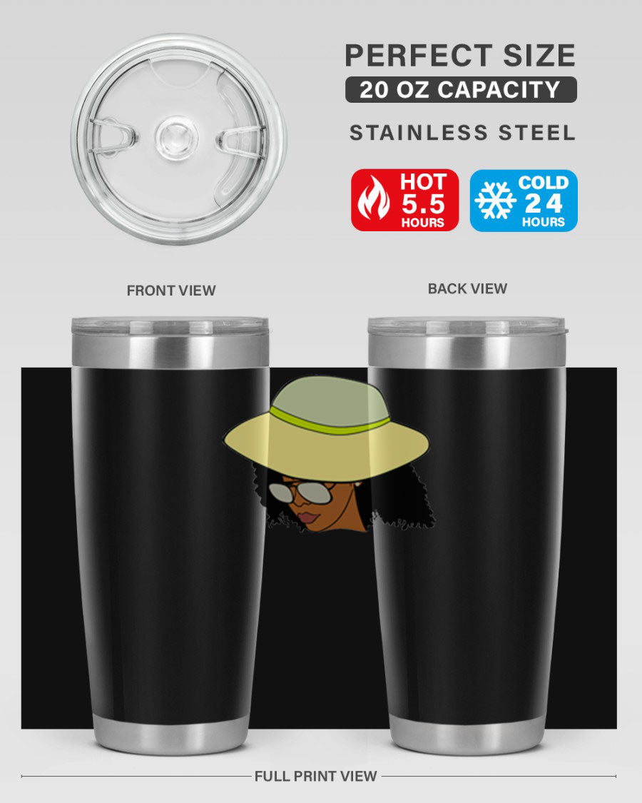 Black Afro 45# Tumbler showcasing a stylish design, made of stainless steel with a drink-thru lid, perfect for hot and cold beverages.