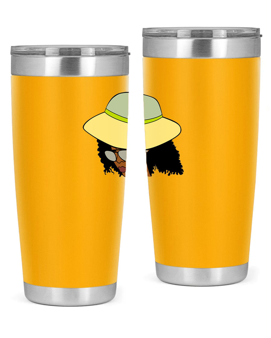 Black Afro 45# Tumbler showcasing a stylish design, made of stainless steel with a drink-thru lid, perfect for hot and cold beverages.