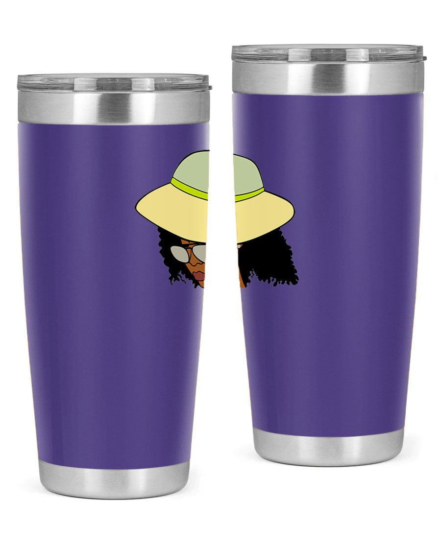 Black Afro 45# Tumbler showcasing a stylish design, made of stainless steel with a drink-thru lid, perfect for hot and cold beverages.