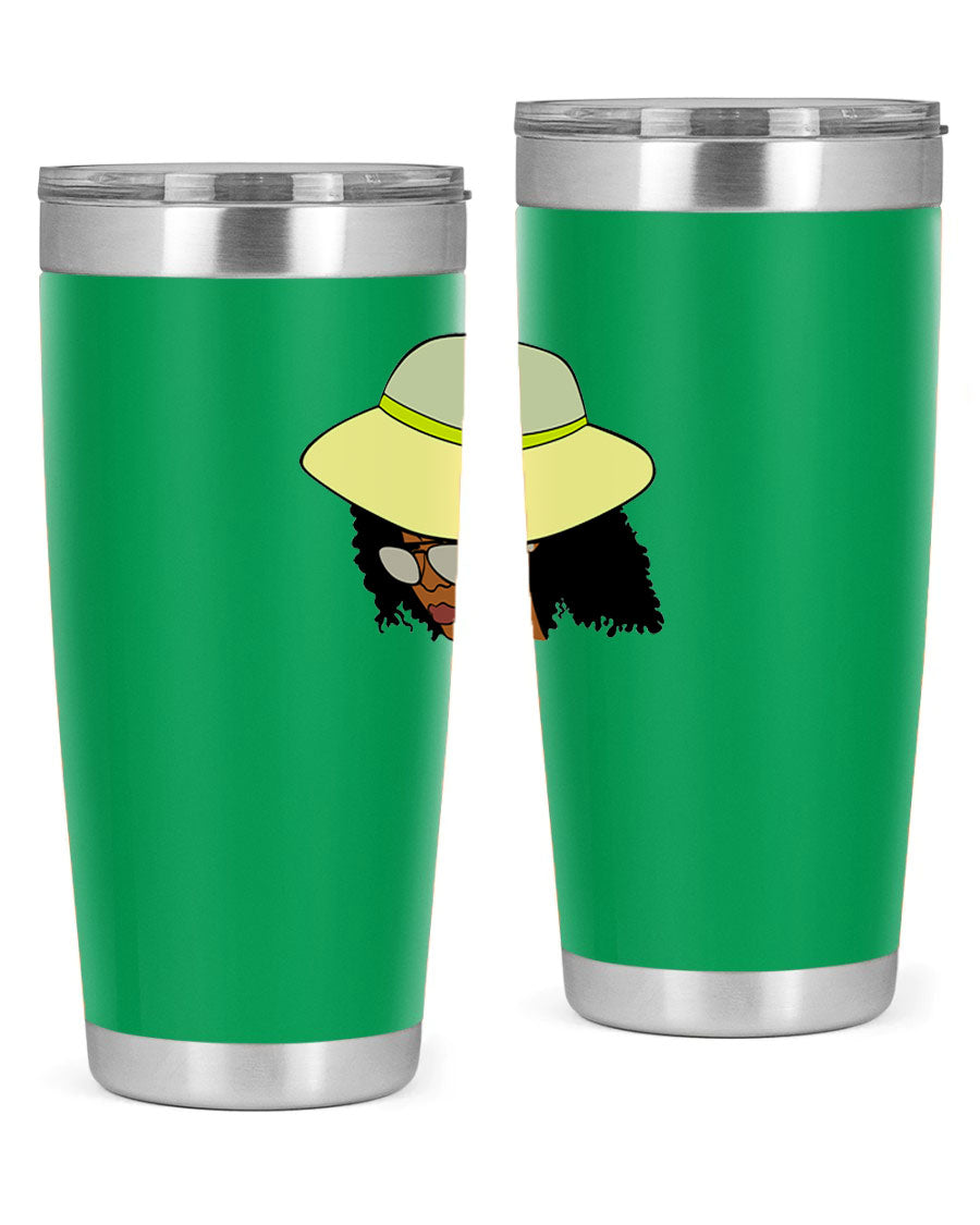 Black Afro 45# Tumbler showcasing a stylish design, made of stainless steel with a drink-thru lid, perfect for hot and cold beverages.