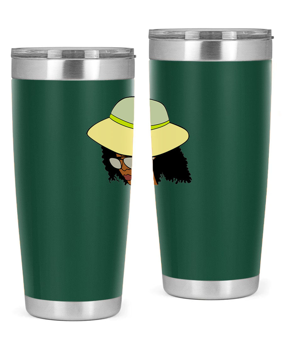 Black Afro 45# Tumbler showcasing a stylish design, made of stainless steel with a drink-thru lid, perfect for hot and cold beverages.