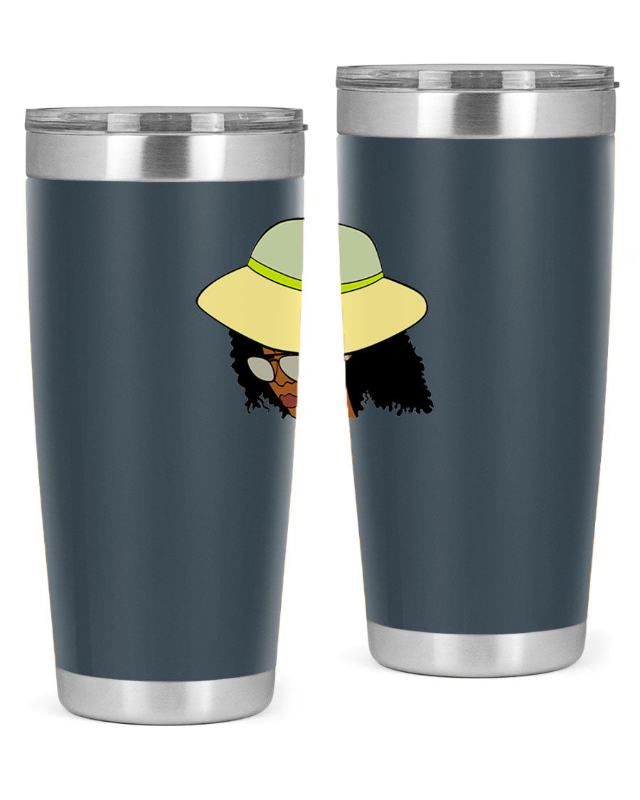 Black Afro 45# Tumbler showcasing a stylish design, made of stainless steel with a drink-thru lid, perfect for hot and cold beverages.