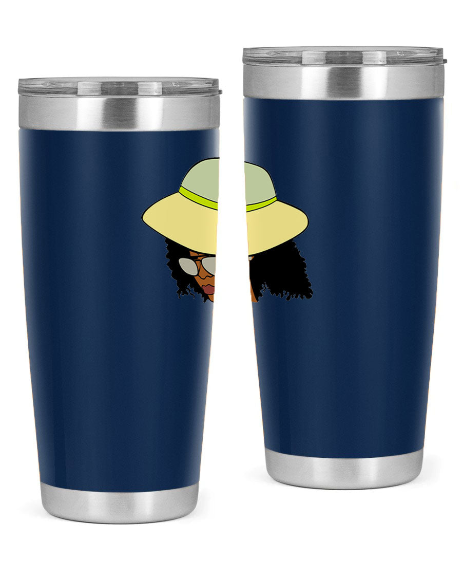 Black Afro 45# Tumbler showcasing a stylish design, made of stainless steel with a drink-thru lid, perfect for hot and cold beverages.