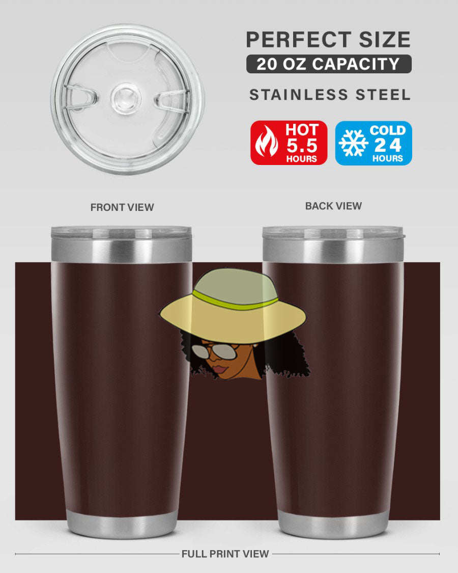 Black Afro 45# Tumbler showcasing a stylish design, made of stainless steel with a drink-thru lid, perfect for hot and cold beverages.