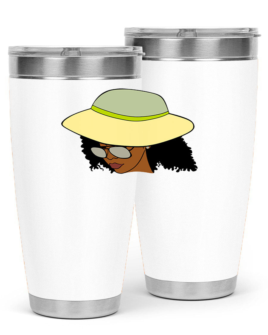Black Afro 45# Tumbler showcasing a stylish design, made of stainless steel with a drink-thru lid, perfect for hot and cold beverages.