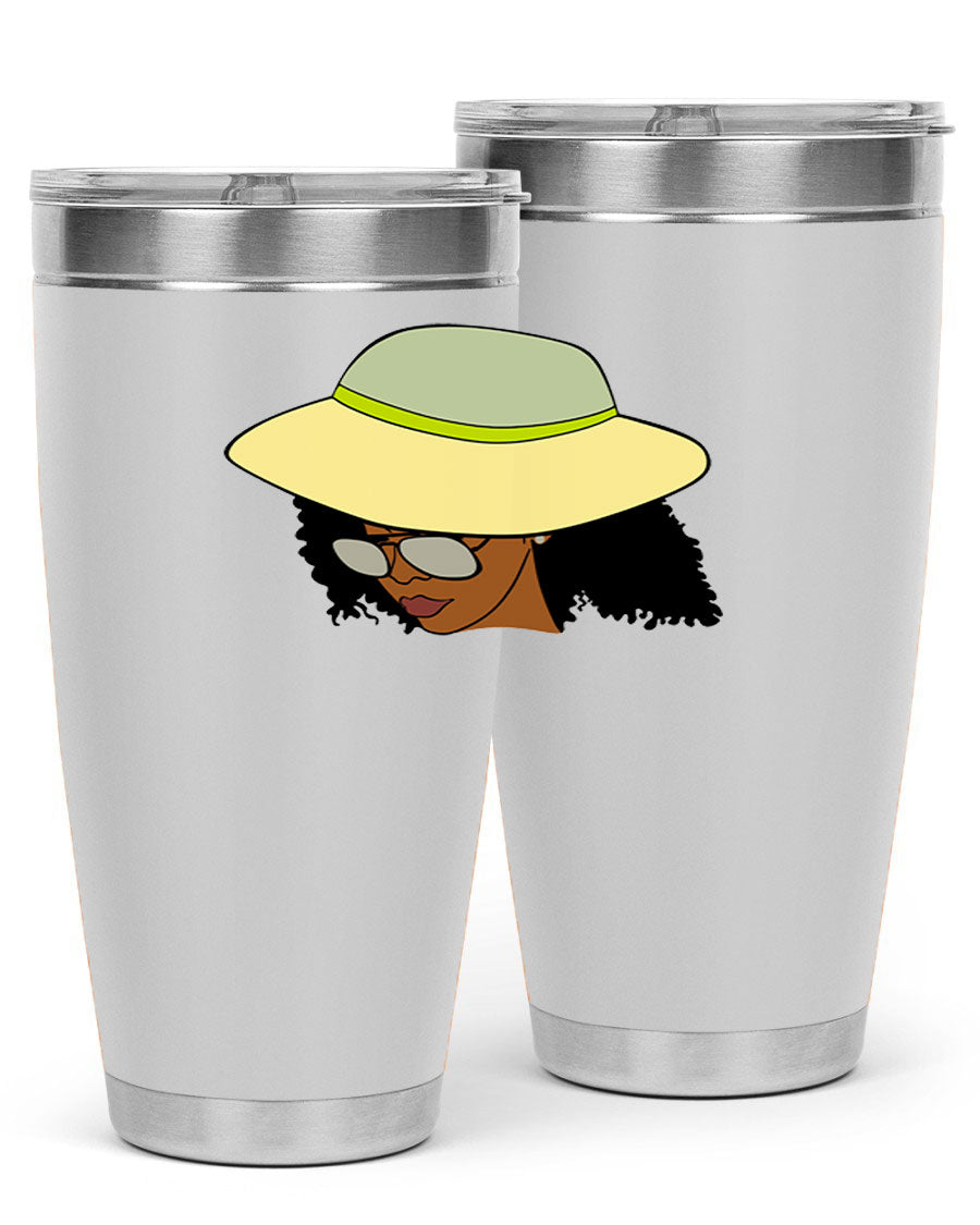 Black Afro 45# Tumbler showcasing a stylish design, made of stainless steel with a drink-thru lid, perfect for hot and cold beverages.