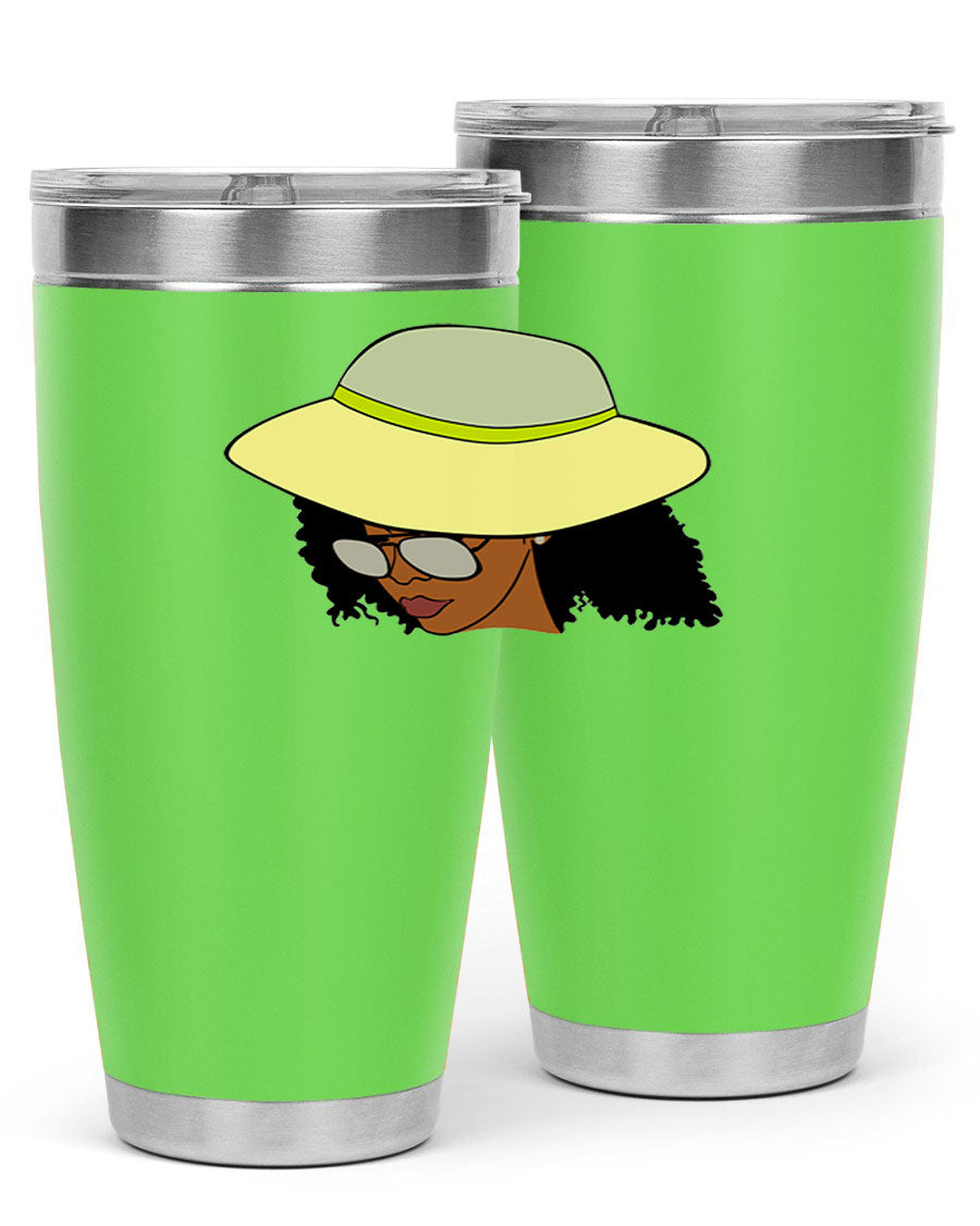 Black Afro 45# Tumbler showcasing a stylish design, made of stainless steel with a drink-thru lid, perfect for hot and cold beverages.