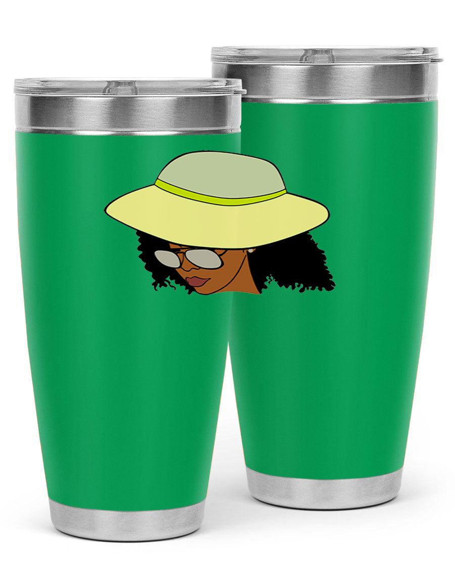 Black Afro 45# Tumbler showcasing a stylish design, made of stainless steel with a drink-thru lid, perfect for hot and cold beverages.