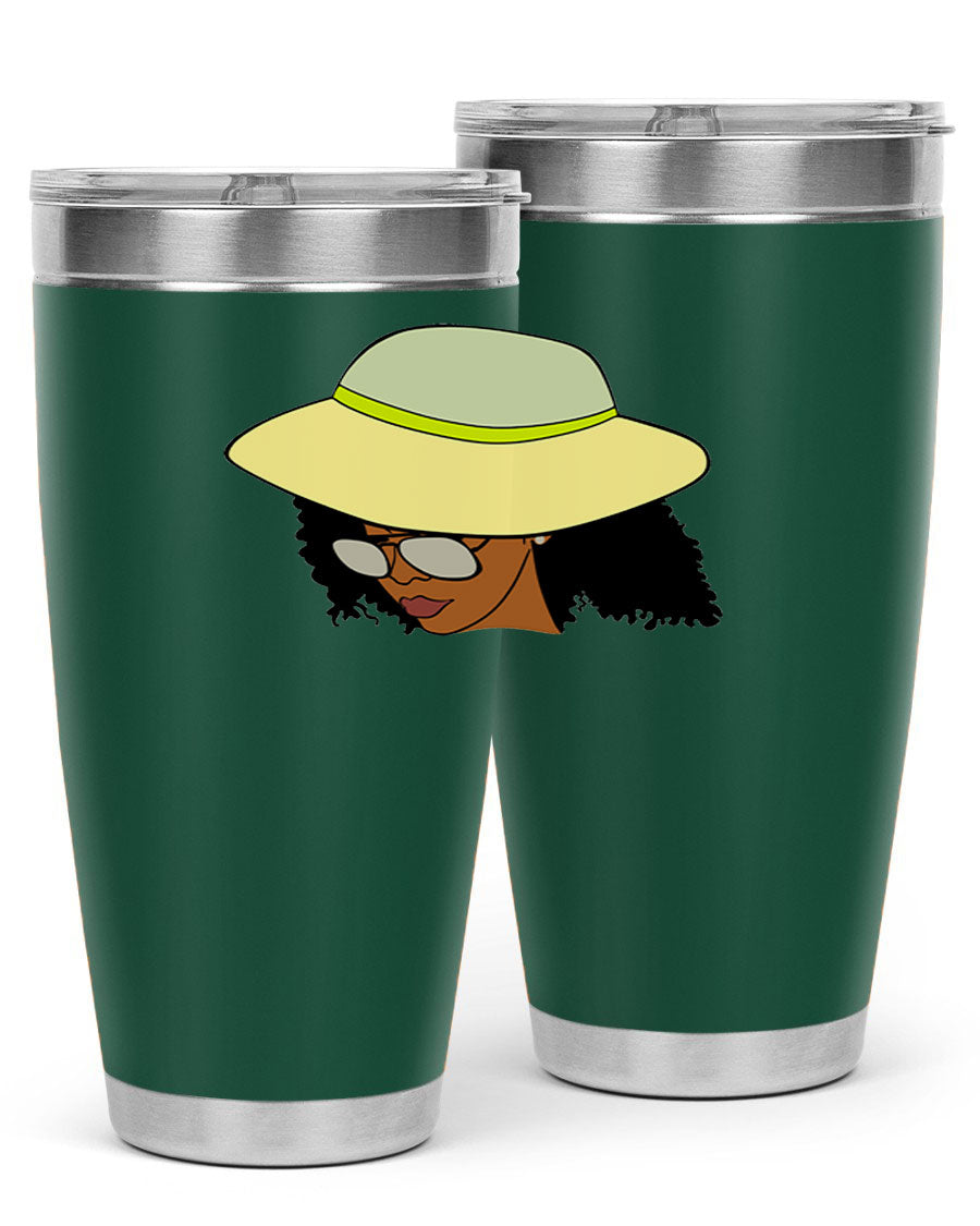 Black Afro 45# Tumbler showcasing a stylish design, made of stainless steel with a drink-thru lid, perfect for hot and cold beverages.