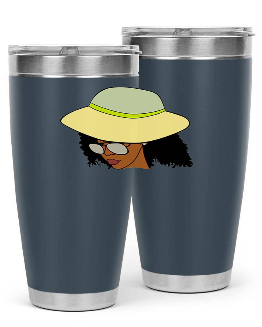 Black Afro 45# Tumbler showcasing a stylish design, made of stainless steel with a drink-thru lid, perfect for hot and cold beverages.