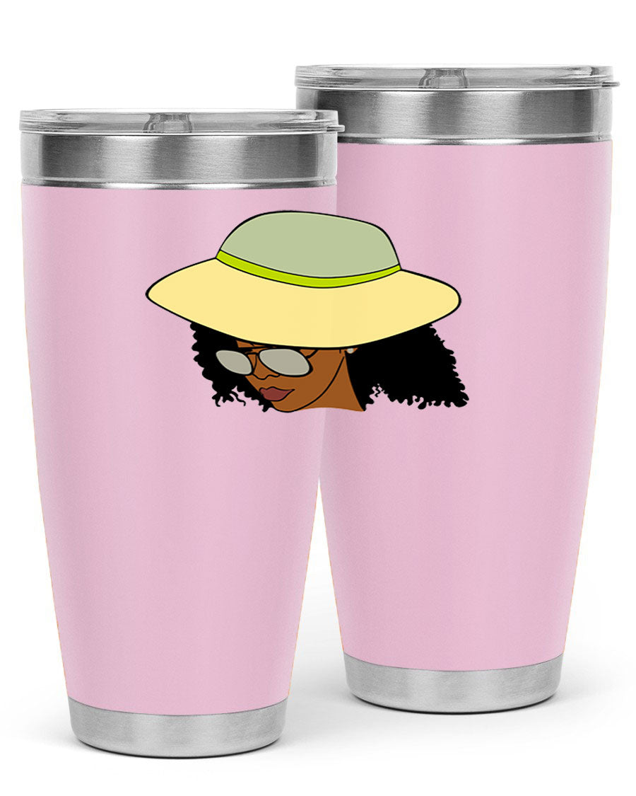 Black Afro 45# Tumbler showcasing a stylish design, made of stainless steel with a drink-thru lid, perfect for hot and cold beverages.