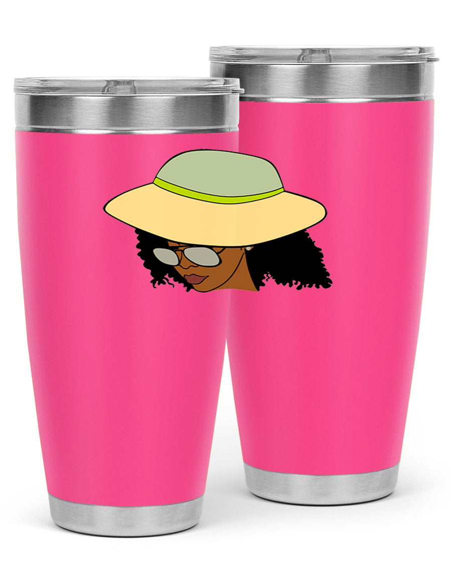 Black Afro 45# Tumbler showcasing a stylish design, made of stainless steel with a drink-thru lid, perfect for hot and cold beverages.