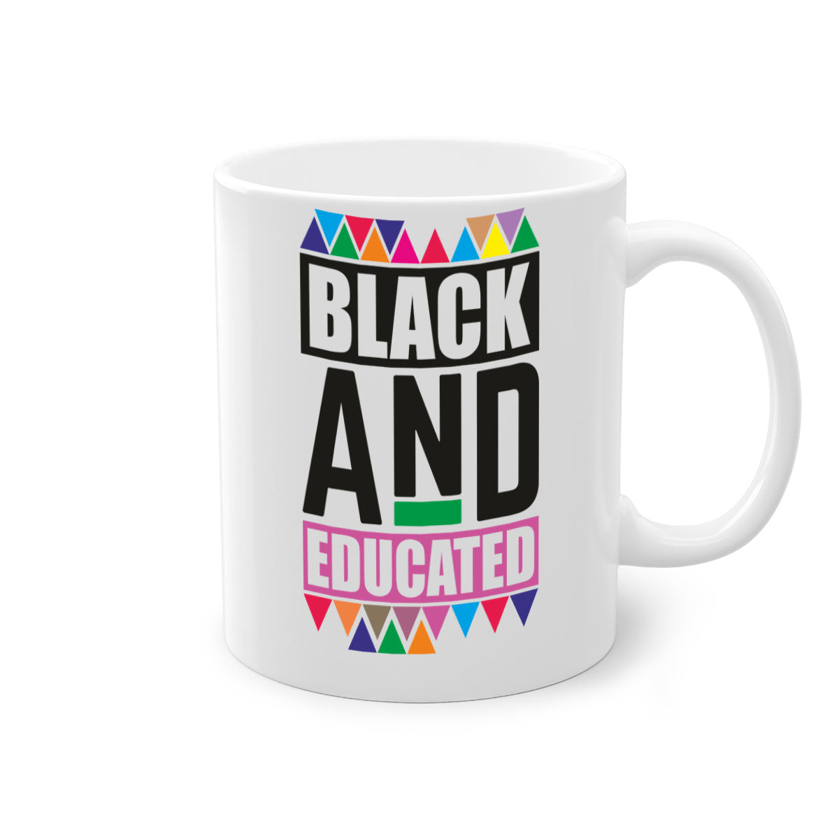 Black and Educated Mug featuring a glossy finish with colored handle and interior, available in multiple colors and sizes.