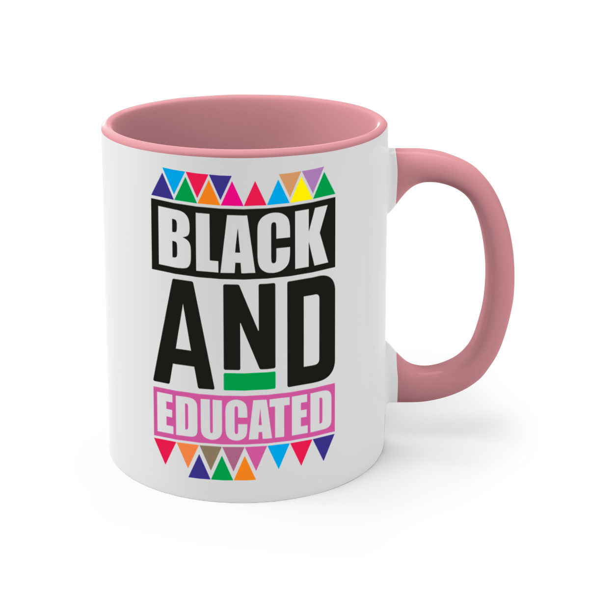 Black and Educated Mug featuring a glossy finish with colored handle and interior, available in multiple colors and sizes.