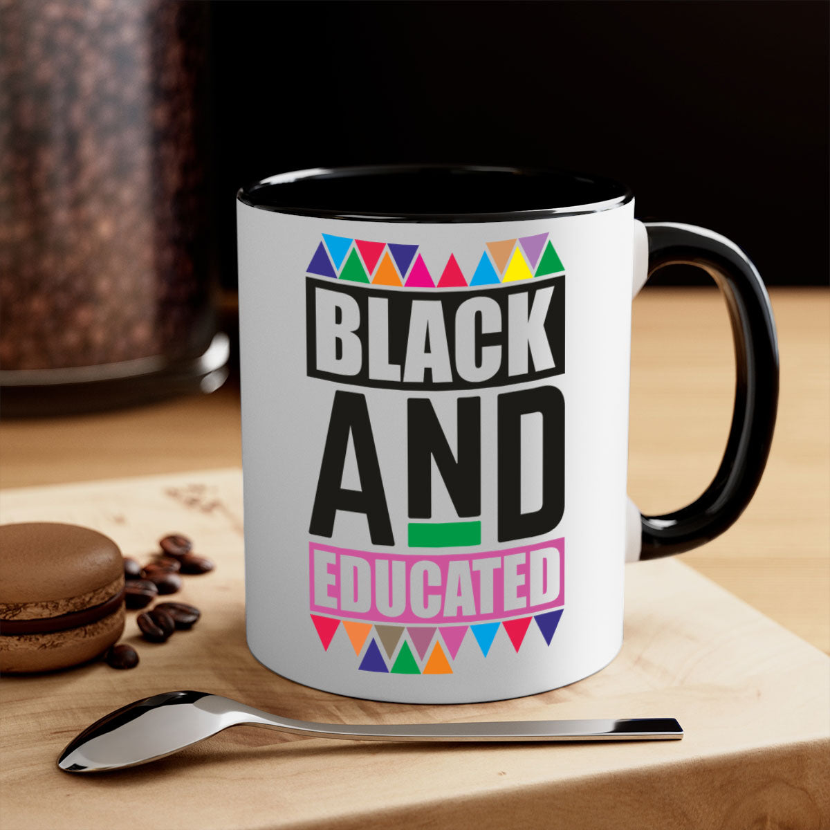 Black and Educated Mug featuring a glossy finish with colored handle and interior, available in multiple colors and sizes.