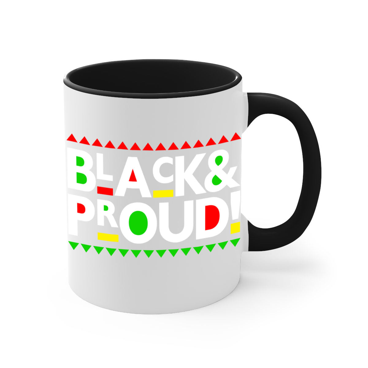 Black and Proud 251# Mug featuring black words and phrases with a glossy finish and colored handle.