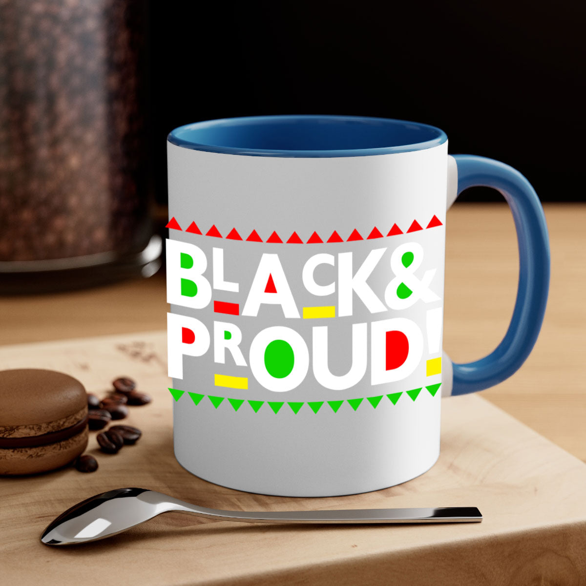 Black and Proud 251# Mug featuring black words and phrases with a glossy finish and colored handle.