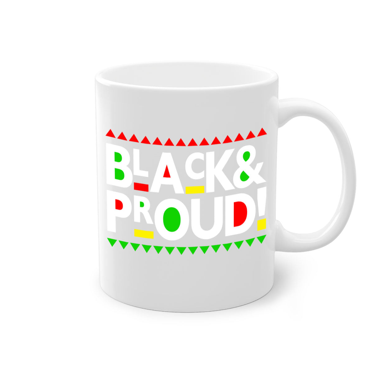 Black and Proud 251# Mug featuring black words and phrases with a glossy finish and colored handle.