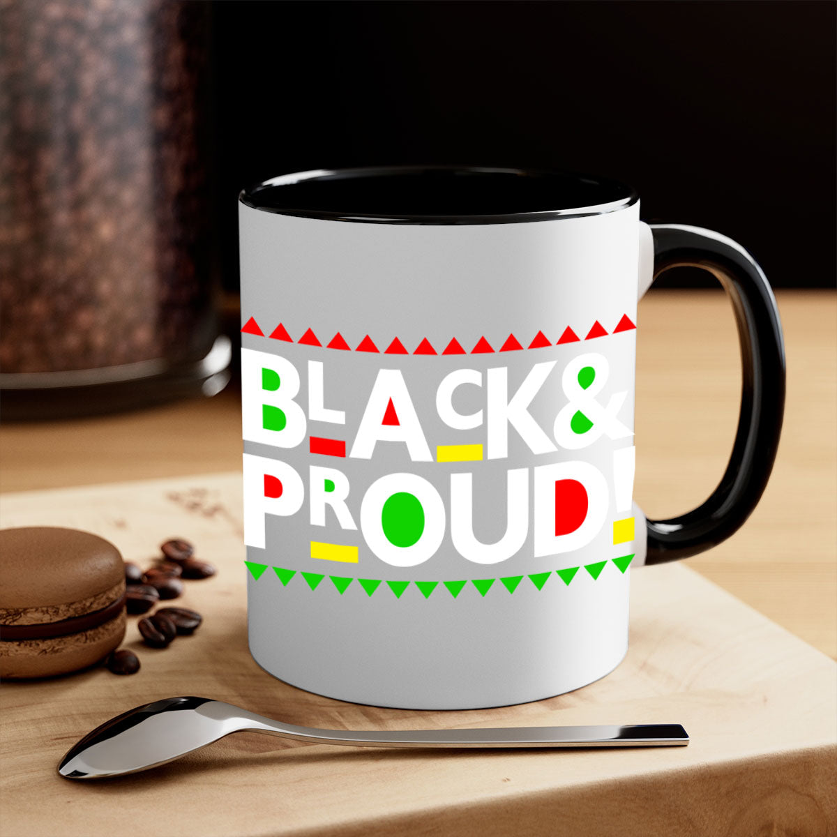 Black and Proud 251# Mug featuring black words and phrases with a glossy finish and colored handle.