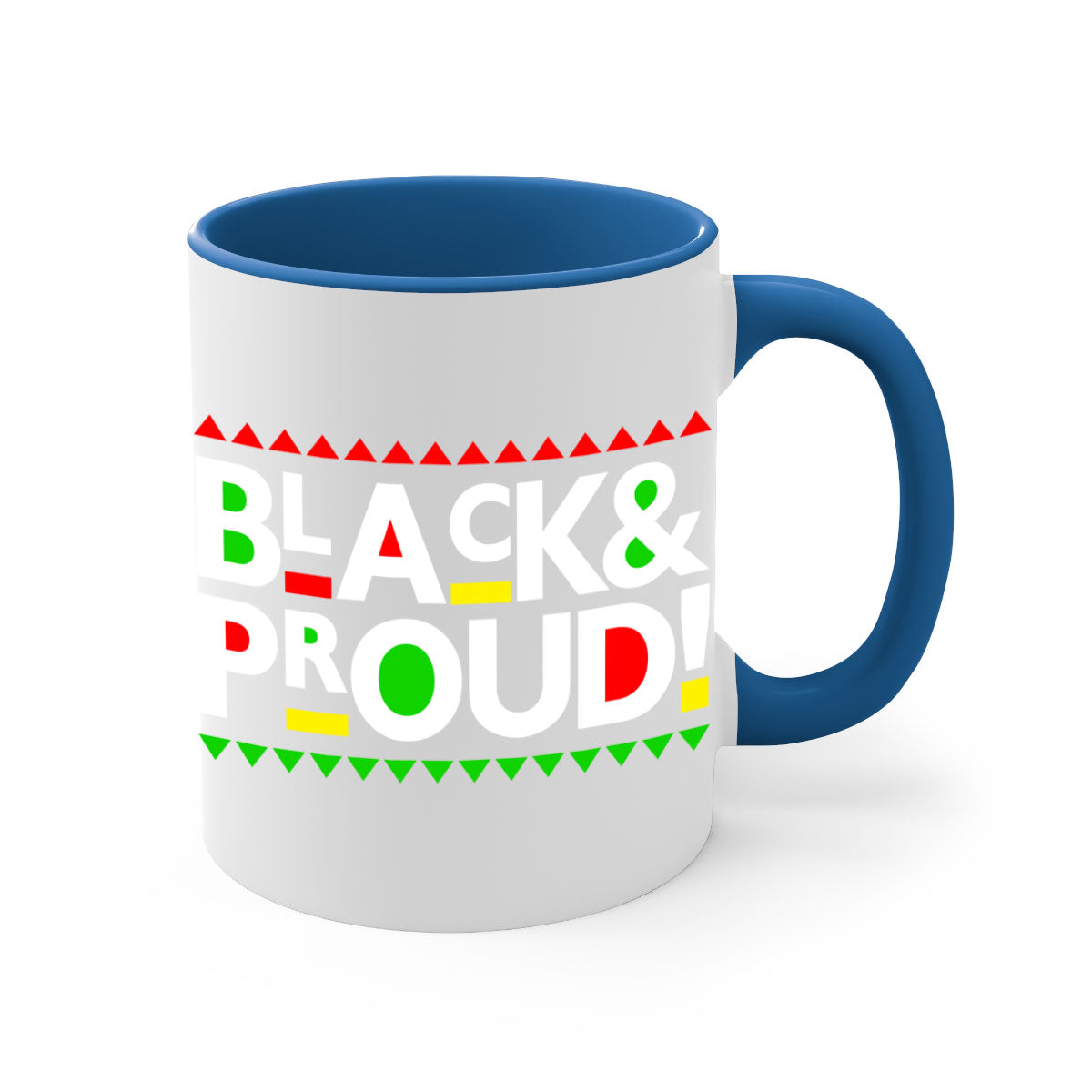 Black and Proud 251# Mug featuring black words and phrases with a glossy finish and colored handle.