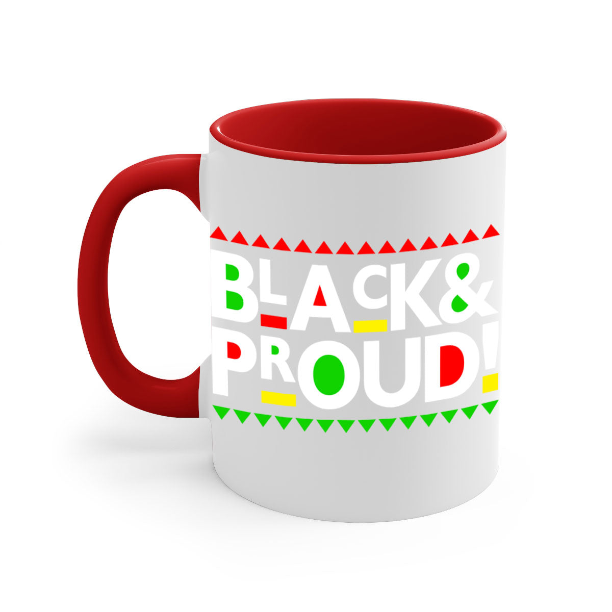 Black and Proud 251# Mug featuring black words and phrases with a glossy finish and colored handle.