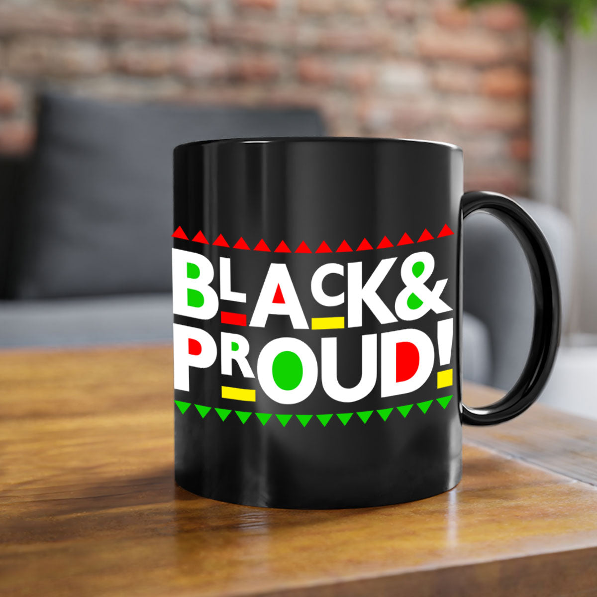 Black and Proud 251# Mug featuring black words and phrases with a glossy finish and colored handle.