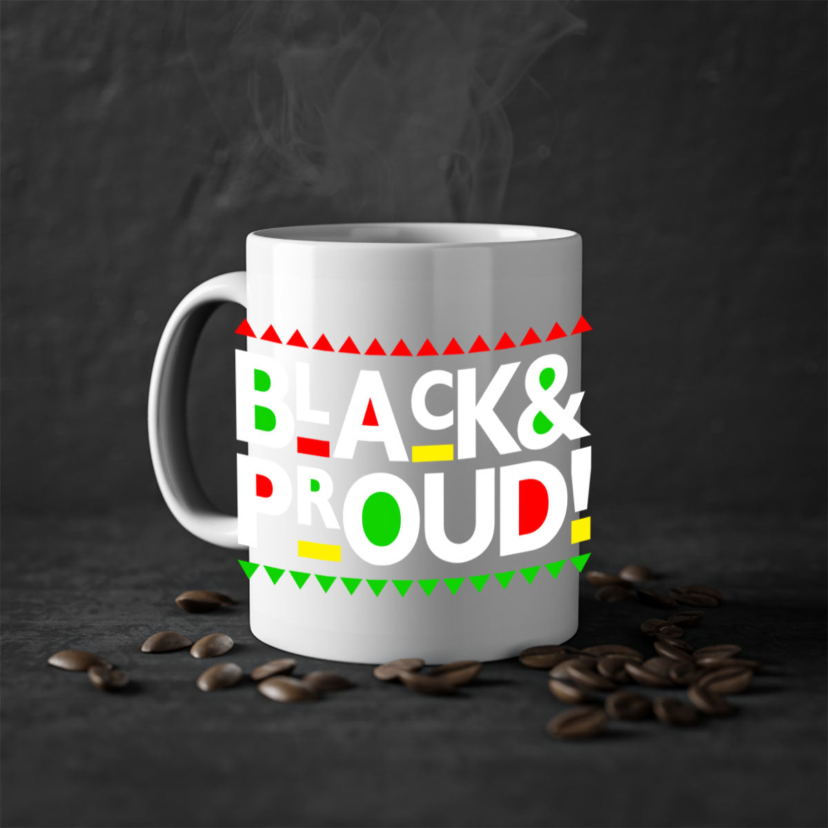 Black and Proud 251# Mug featuring black words and phrases with a glossy finish and colored handle.