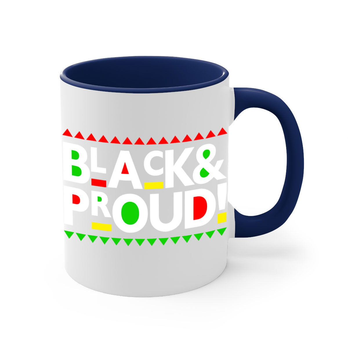 Black and Proud 251# Mug featuring black words and phrases with a glossy finish and colored handle.