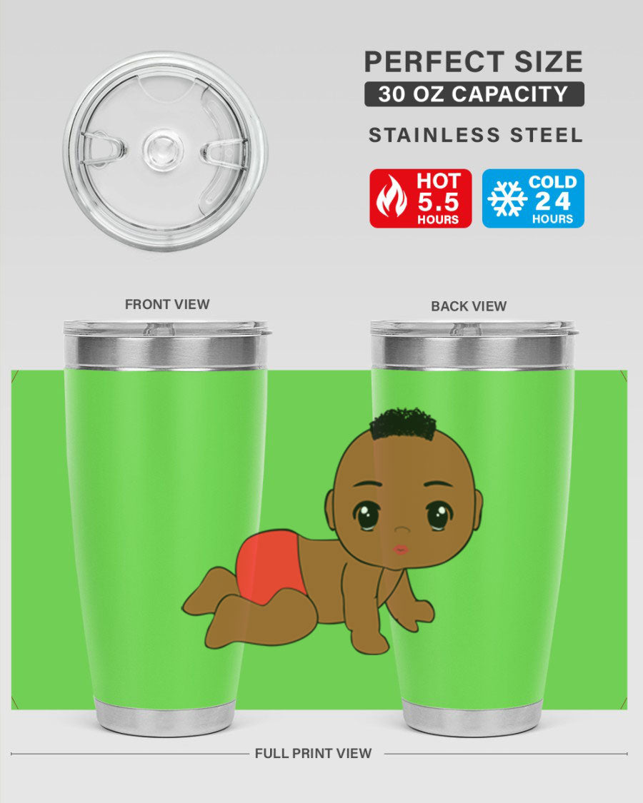 Black baby boy tumbler, 20oz stainless steel with double wall vacuum insulation, featuring a sleek design and drink-thru lid.