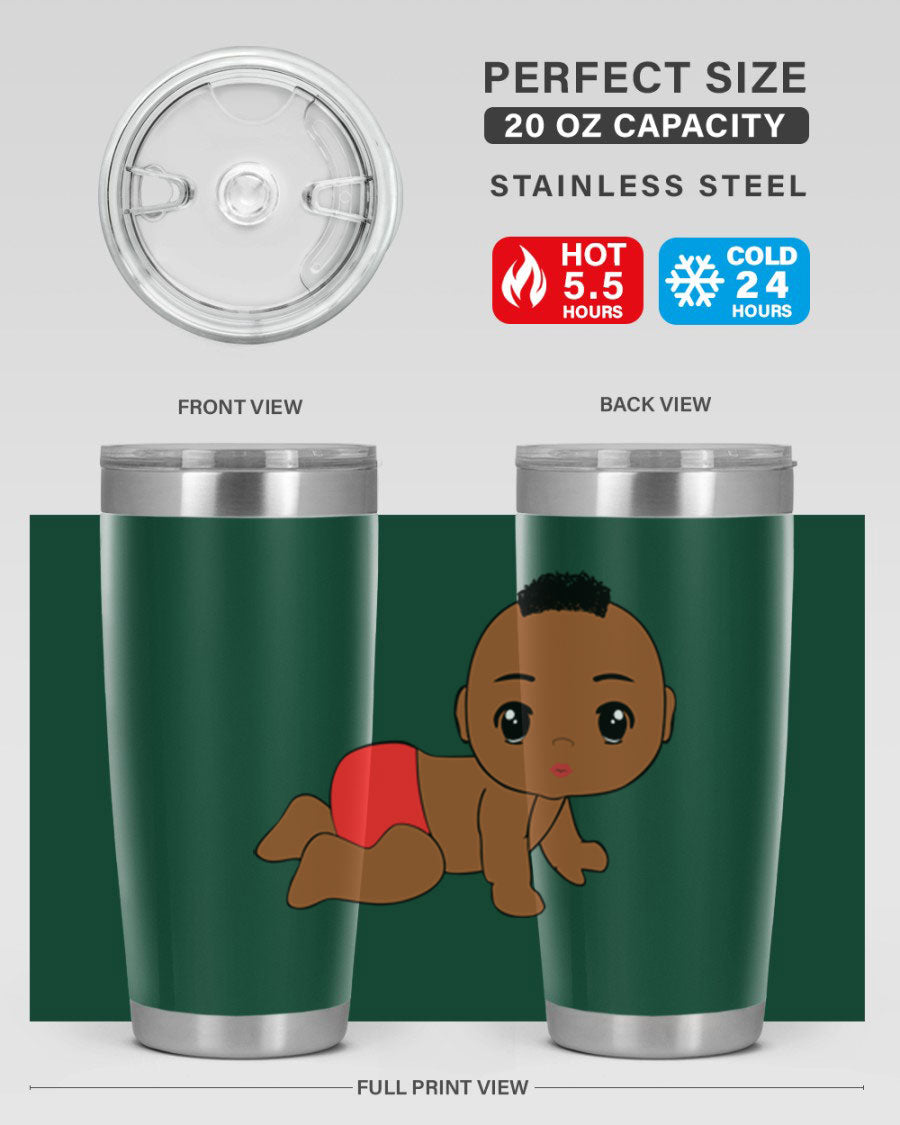 Black baby boy tumbler, 20oz stainless steel with double wall vacuum insulation, featuring a sleek design and drink-thru lid.