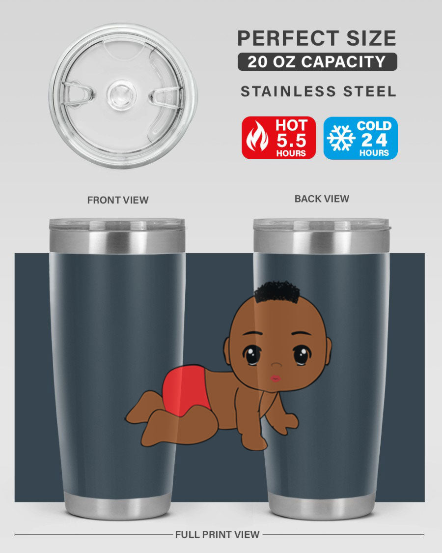 Black baby boy tumbler, 20oz stainless steel with double wall vacuum insulation, featuring a sleek design and drink-thru lid.