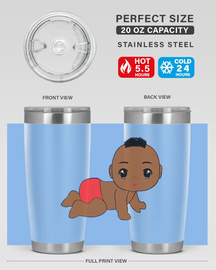 Black baby boy tumbler, 20oz stainless steel with double wall vacuum insulation, featuring a sleek design and drink-thru lid.