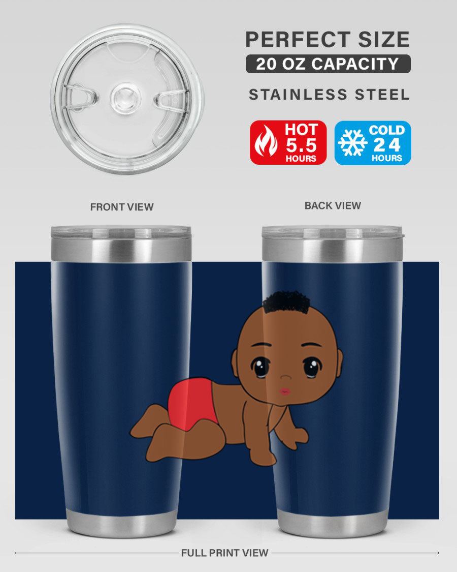 Black baby boy tumbler, 20oz stainless steel with double wall vacuum insulation, featuring a sleek design and drink-thru lid.