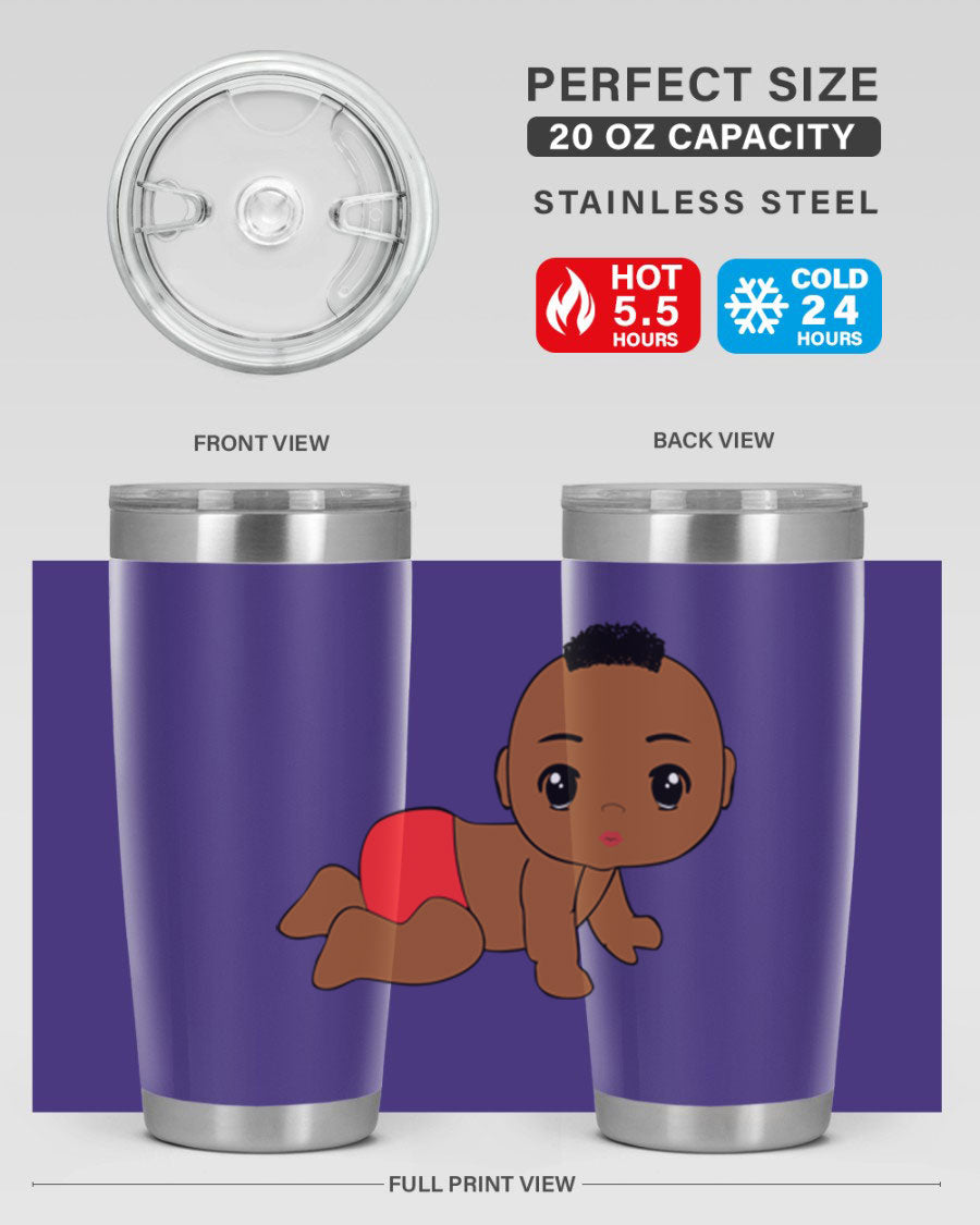 Black baby boy tumbler, 20oz stainless steel with double wall vacuum insulation, featuring a sleek design and drink-thru lid.