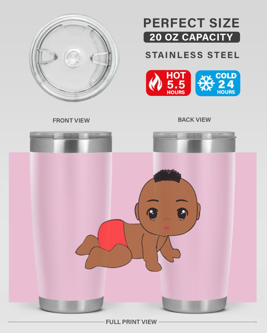 Black baby boy tumbler, 20oz stainless steel with double wall vacuum insulation, featuring a sleek design and drink-thru lid.