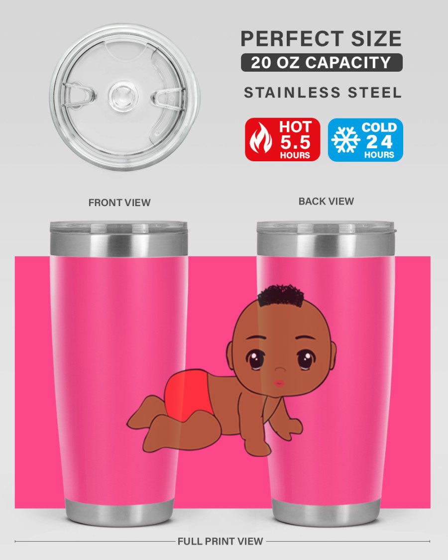 Black baby boy tumbler, 20oz stainless steel with double wall vacuum insulation, featuring a sleek design and drink-thru lid.