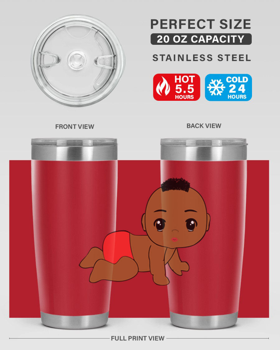 Black baby boy tumbler, 20oz stainless steel with double wall vacuum insulation, featuring a sleek design and drink-thru lid.