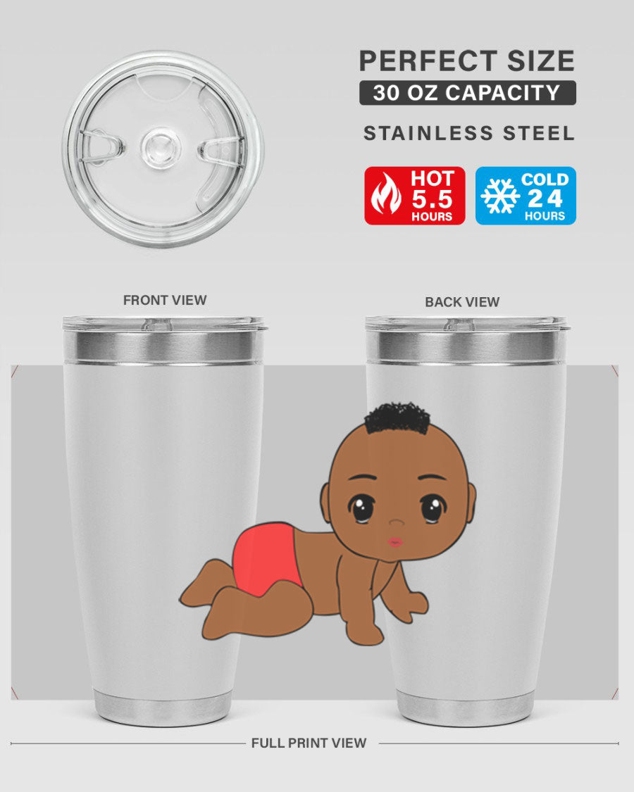 Black baby boy tumbler, 20oz stainless steel with double wall vacuum insulation, featuring a sleek design and drink-thru lid.