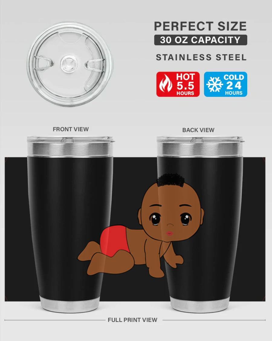 Black baby boy tumbler, 20oz stainless steel with double wall vacuum insulation, featuring a sleek design and drink-thru lid.