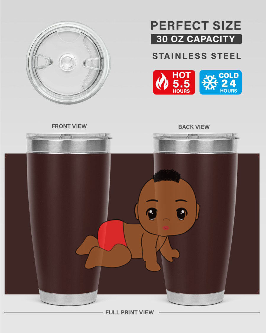Black baby boy tumbler, 20oz stainless steel with double wall vacuum insulation, featuring a sleek design and drink-thru lid.