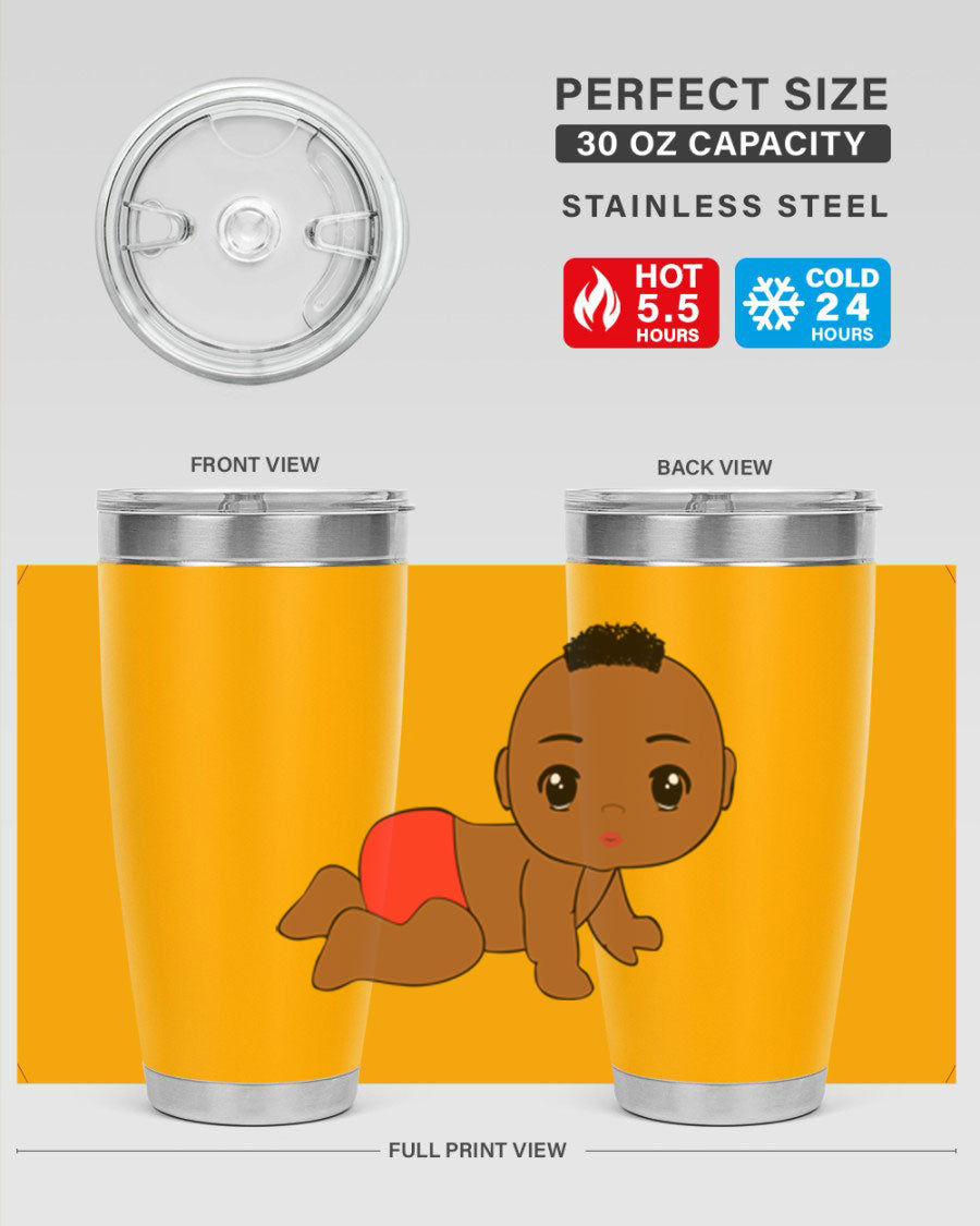 Black baby boy tumbler, 20oz stainless steel with double wall vacuum insulation, featuring a sleek design and drink-thru lid.