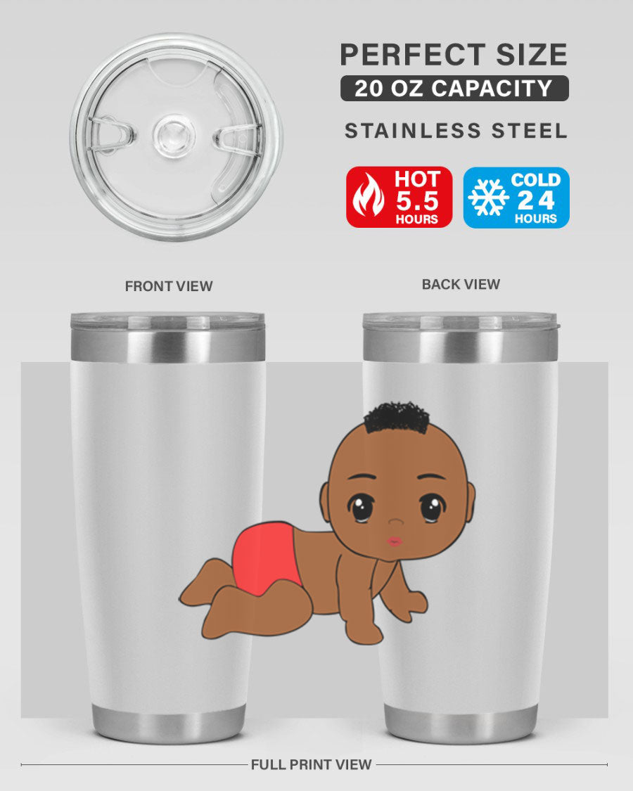 Black baby boy tumbler, 20oz stainless steel with double wall vacuum insulation, featuring a sleek design and drink-thru lid.