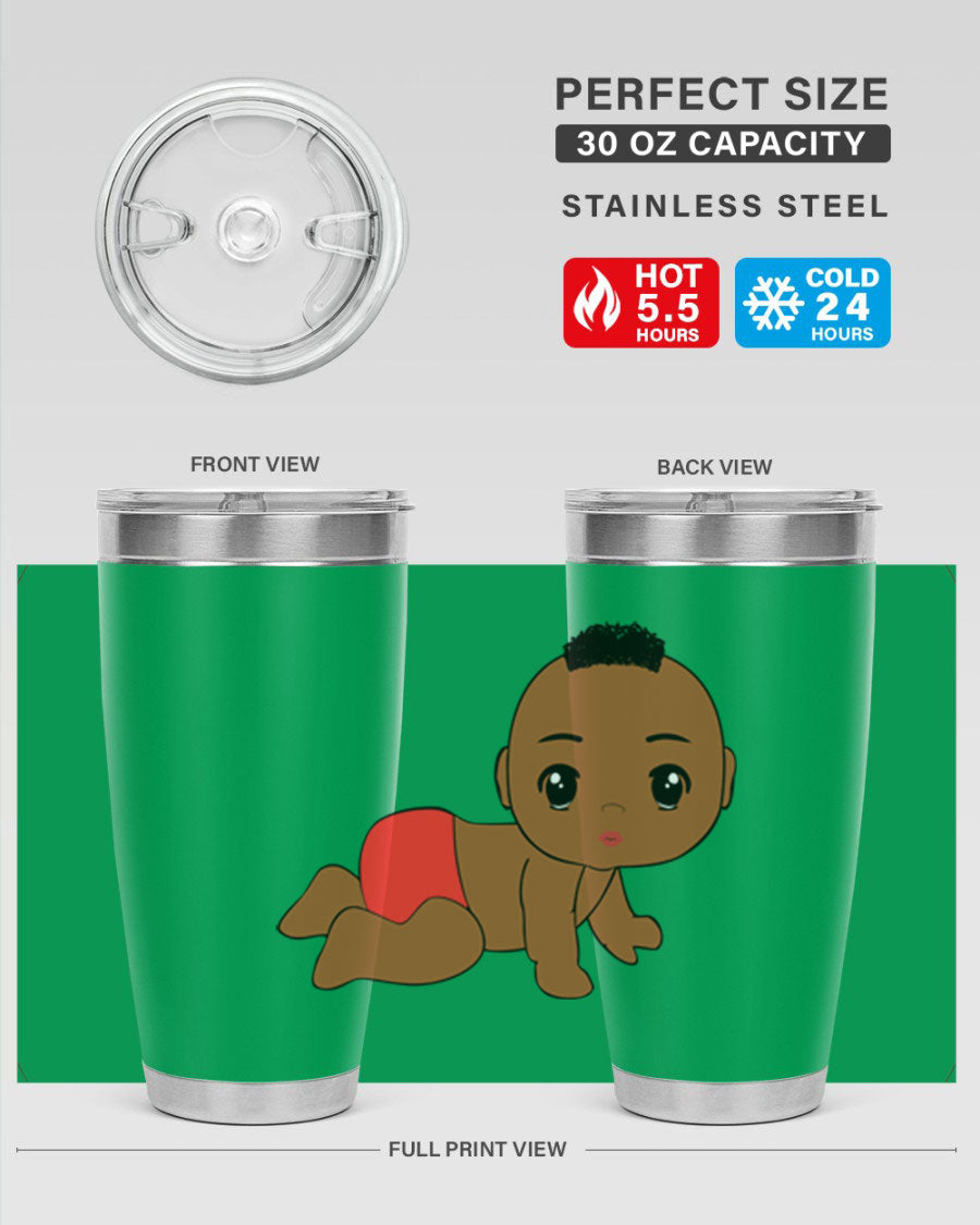 Black baby boy tumbler, 20oz stainless steel with double wall vacuum insulation, featuring a sleek design and drink-thru lid.