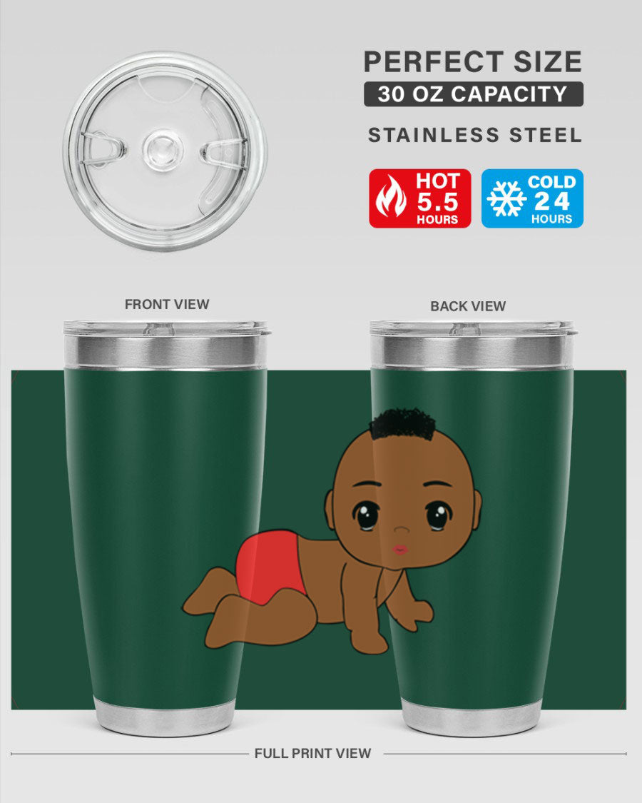 Black baby boy tumbler, 20oz stainless steel with double wall vacuum insulation, featuring a sleek design and drink-thru lid.